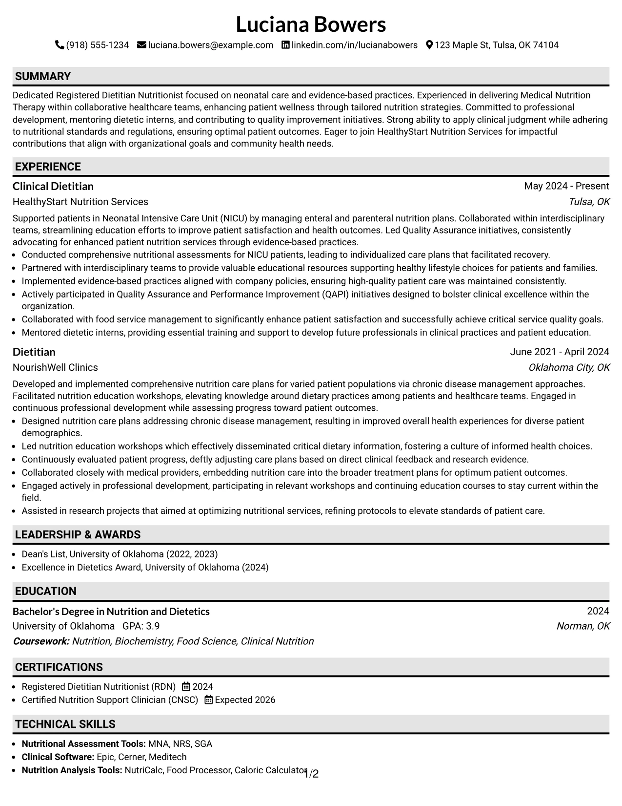 Resume Example Page 1