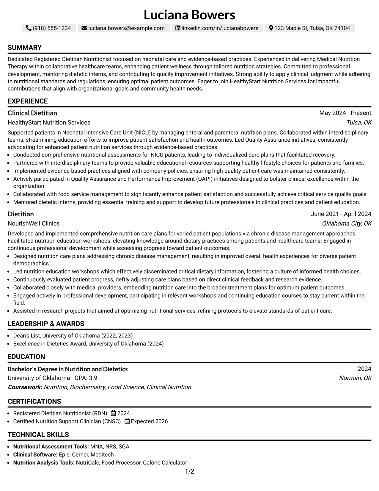 Resume Example Page 1