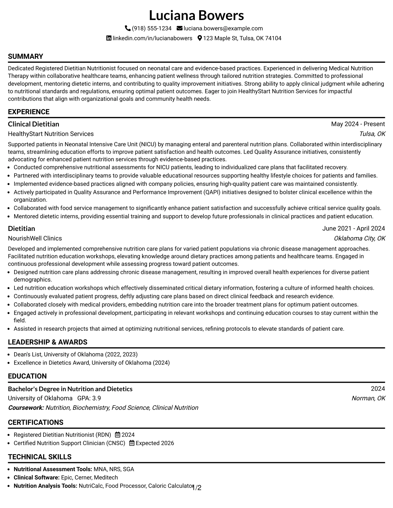 Resume Example Page 1