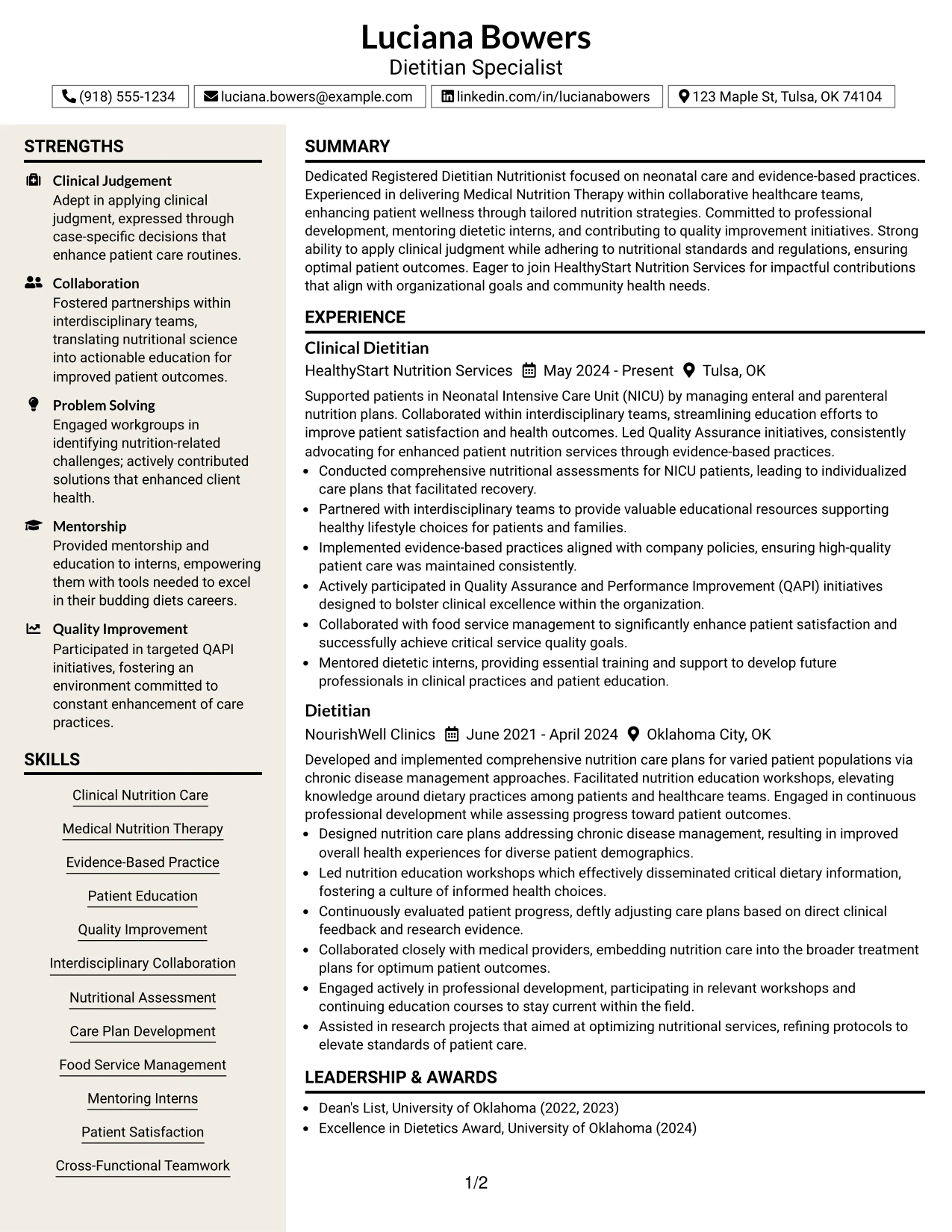 Resume Example Page 1
