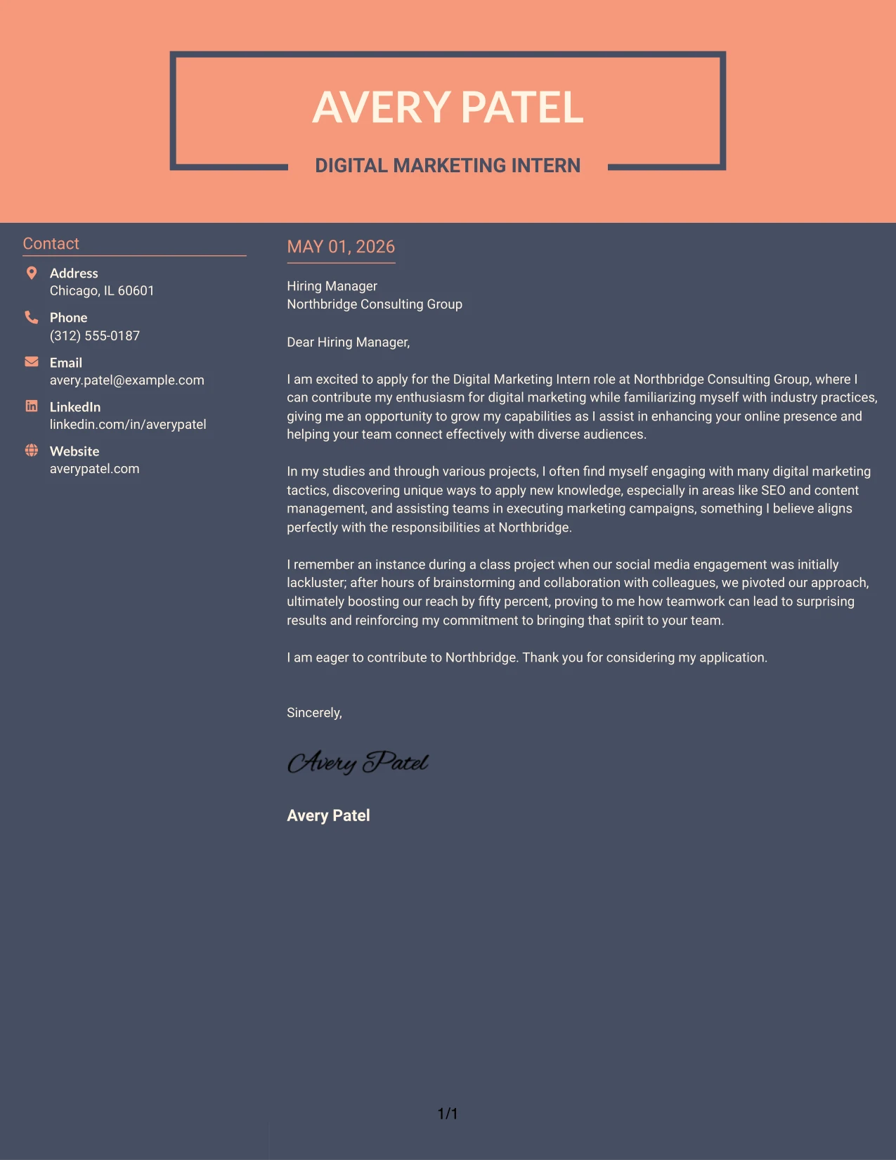 Digital Marketing Intern Cover Letter Example Creative Two Tone Format