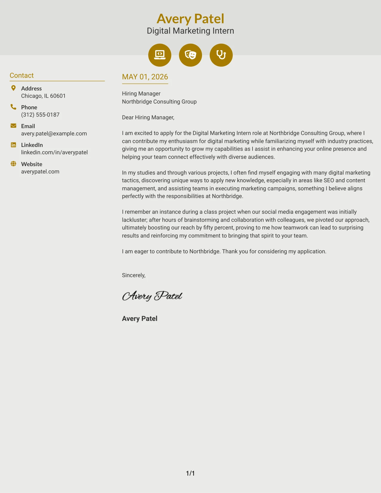 Digital Marketing Intern Cover Letter Example Modern Icon Format