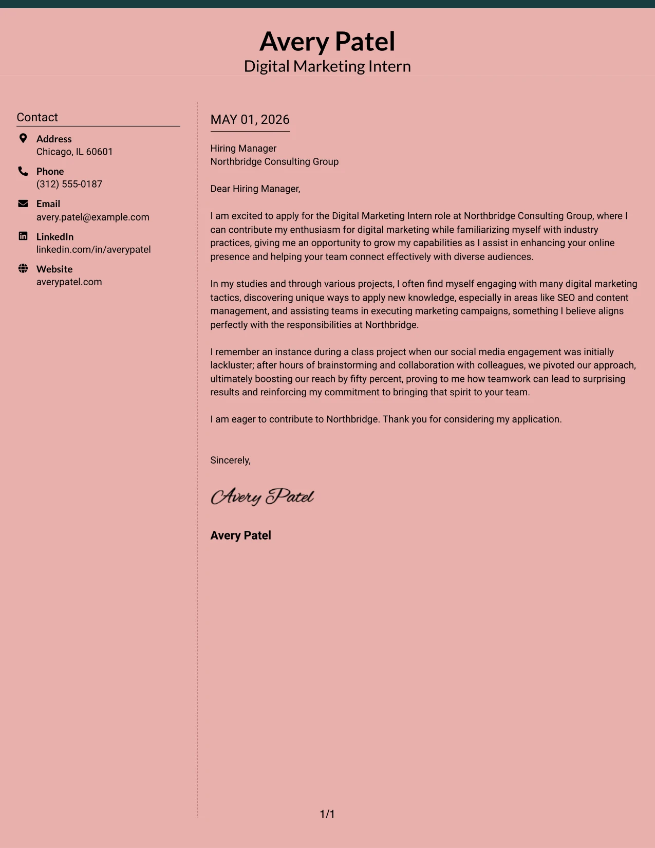 Digital Marketing Intern Cover Letter Example Elegant Full Background Two Column Format