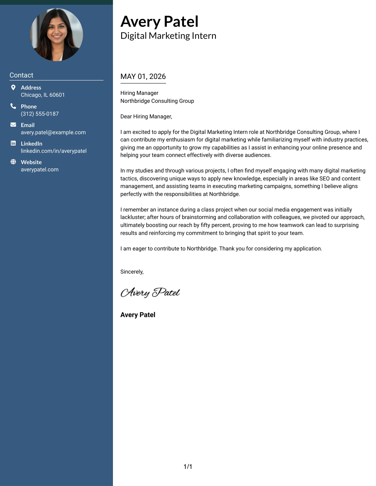 Digital Marketing Intern Cover Letter Example