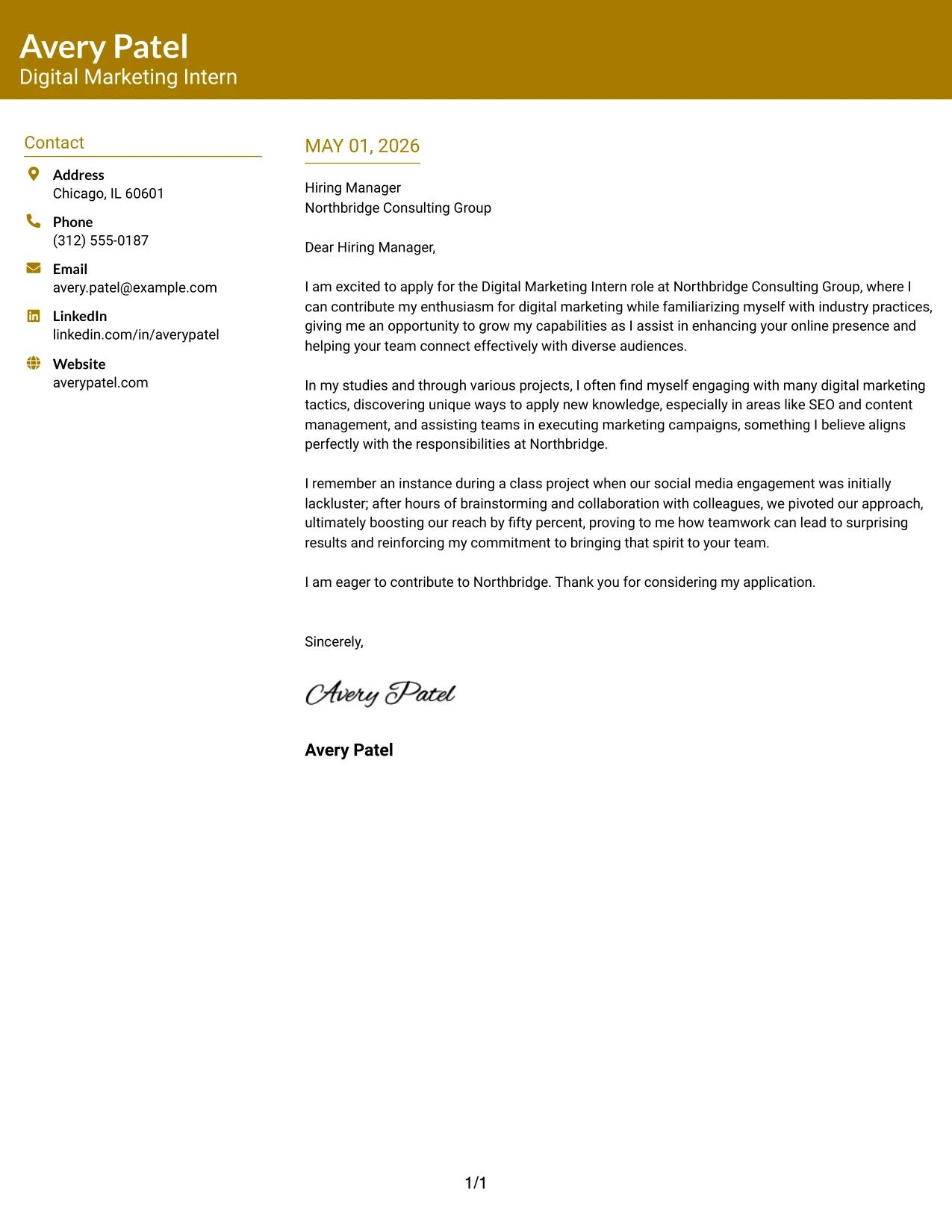 Digital Marketing Intern Cover Letter Example Bold Color Header Professional Format