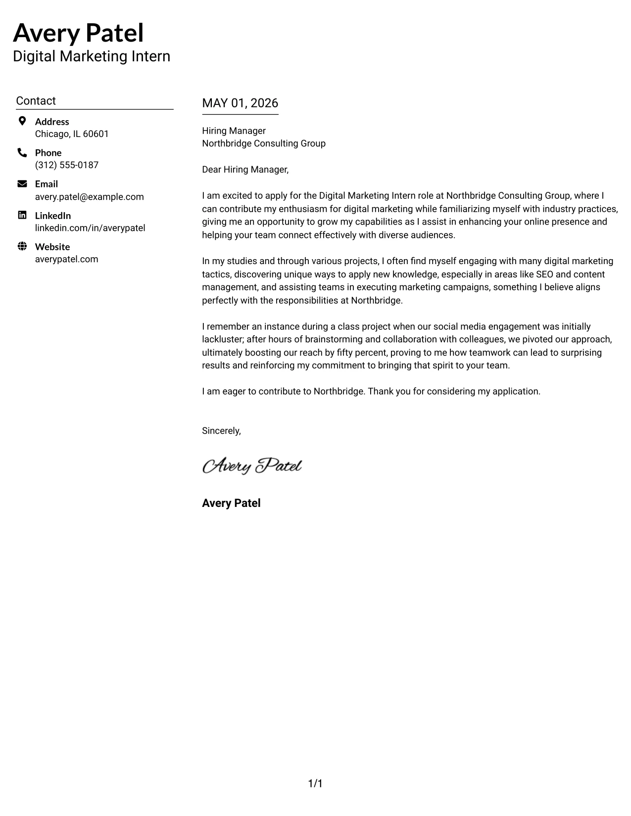 Digital Marketing Intern Cover Letter Example Left Aligned Header Clean Two Column Format