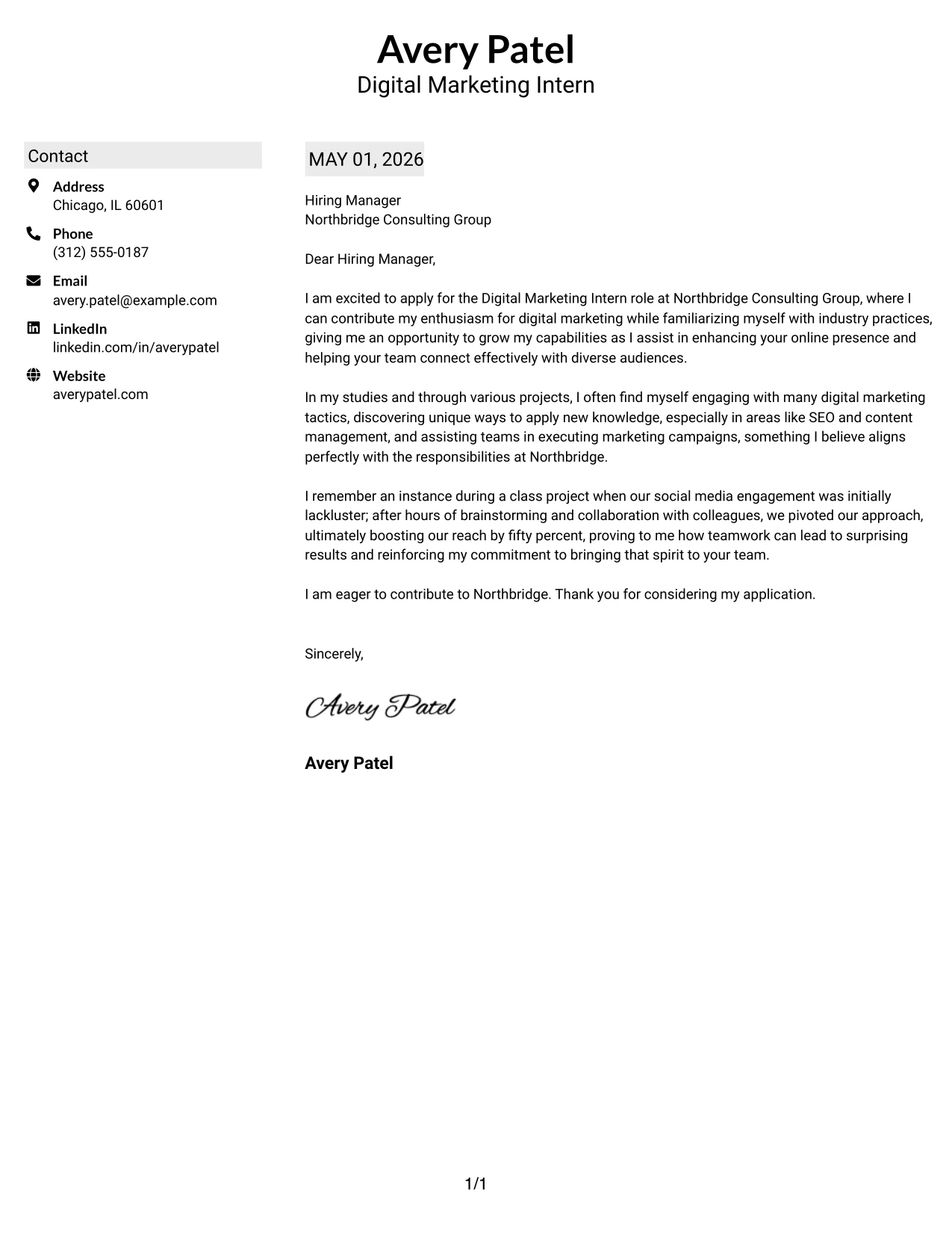 Digital Marketing Internship Cover Letter Example Shaded Labels Clean Two Column Format