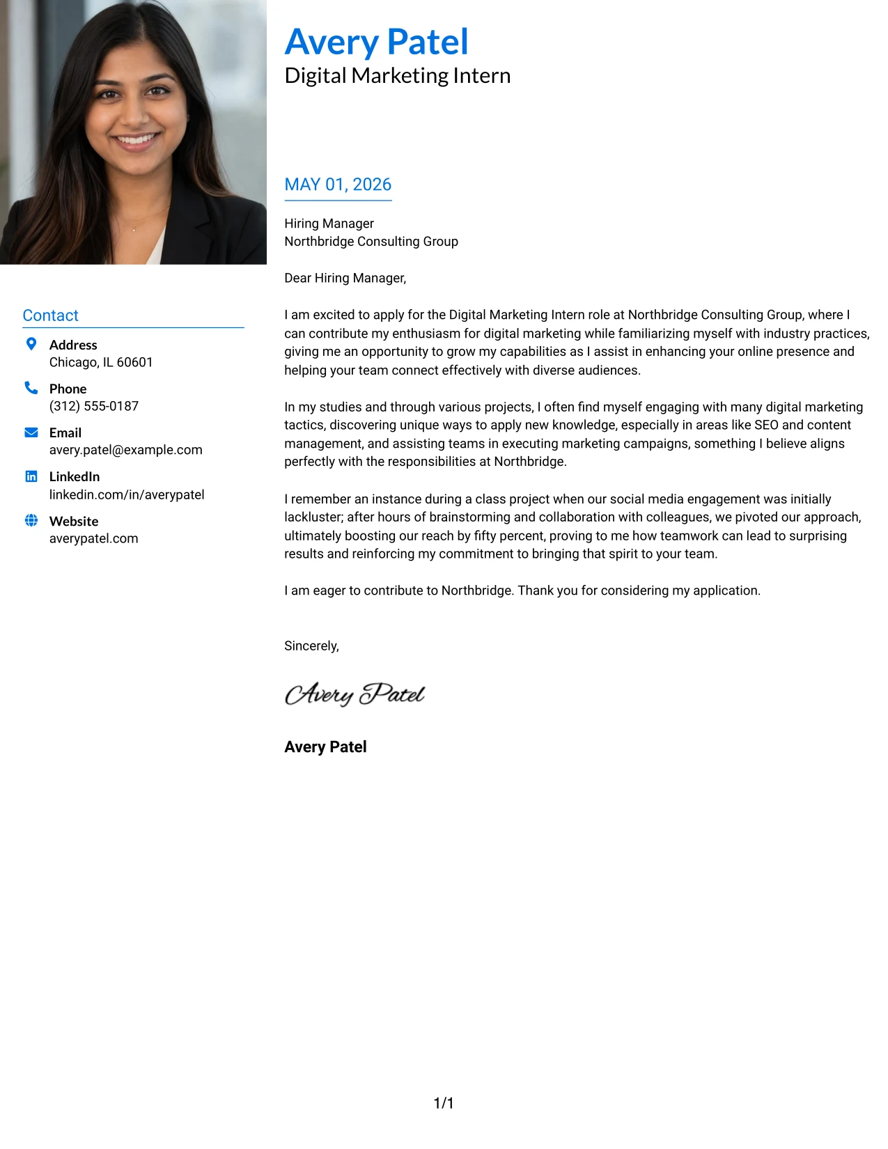 Digital Marketing Internship Cover Letter Example Large Profile Photo International Two Column Format