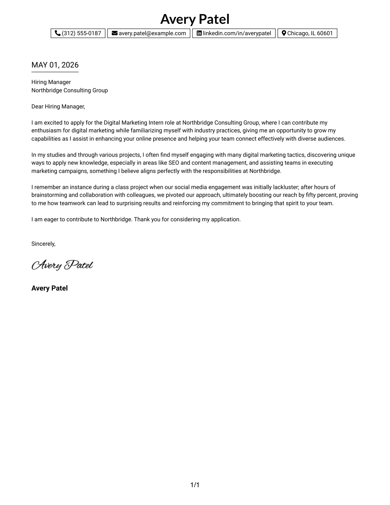 Digital Marketing Internship Cover Letter Example One Column Boxed Contact Header Format
