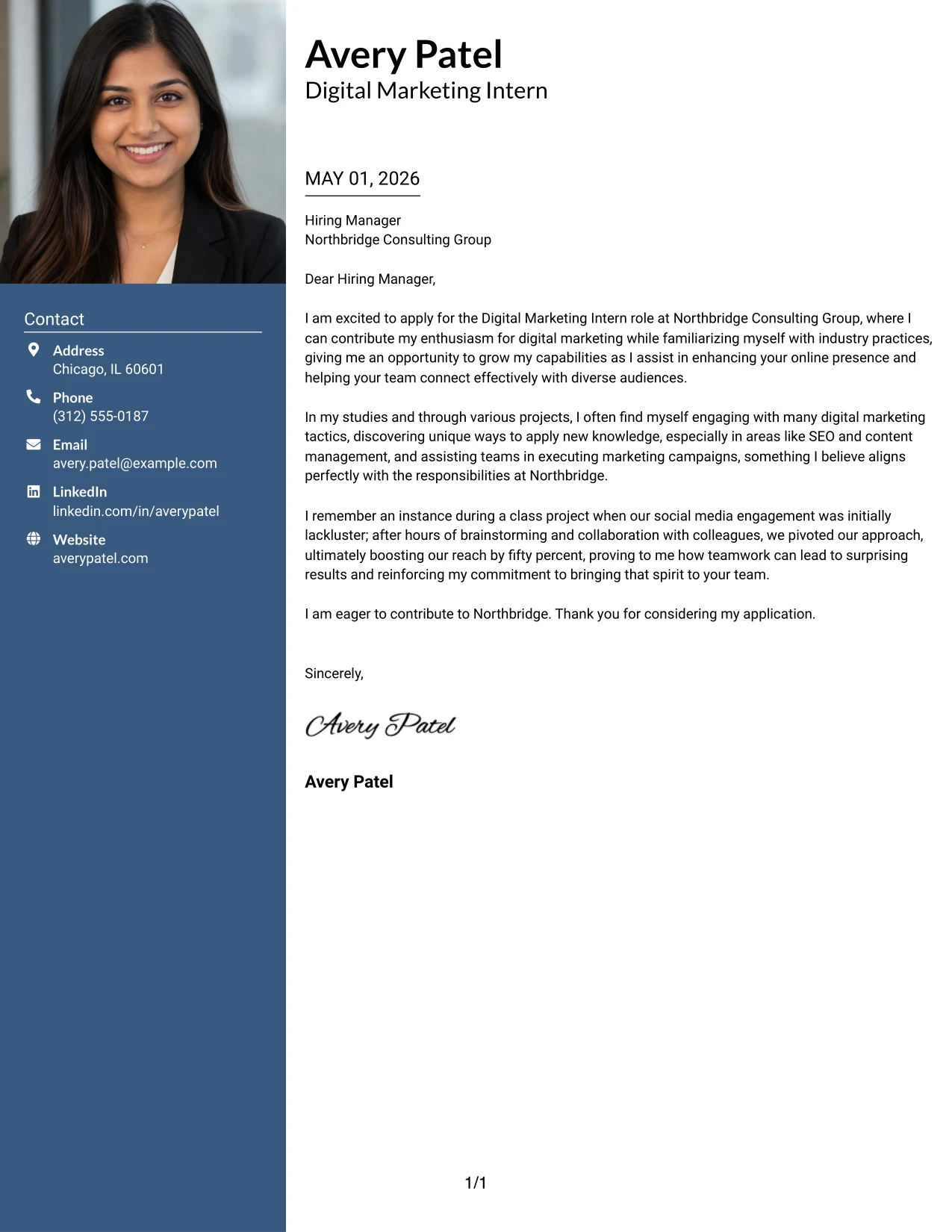 Digital Marketing Intern Cover Letter Example with Photo Header