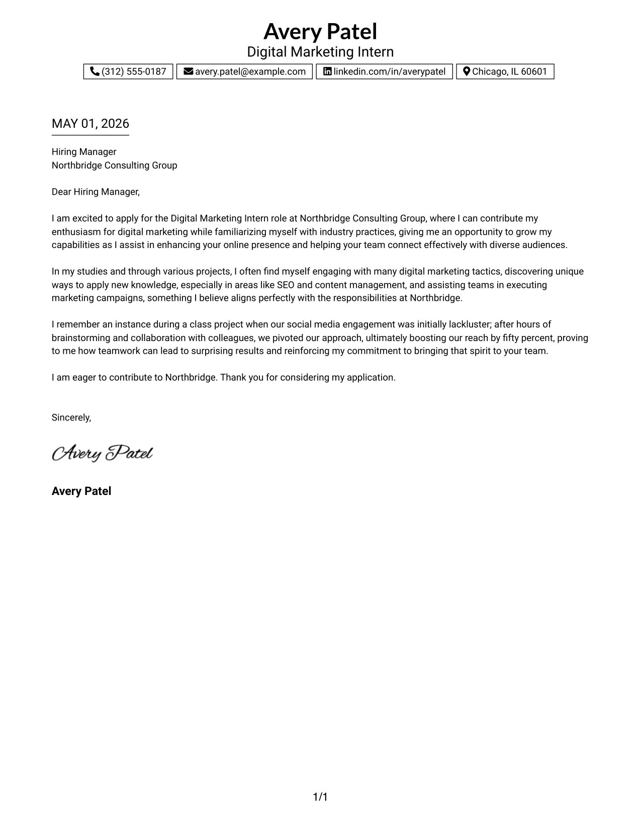 Digital Marketing Internship Cover Letter Example Boxed Contact Header with Job Title Format