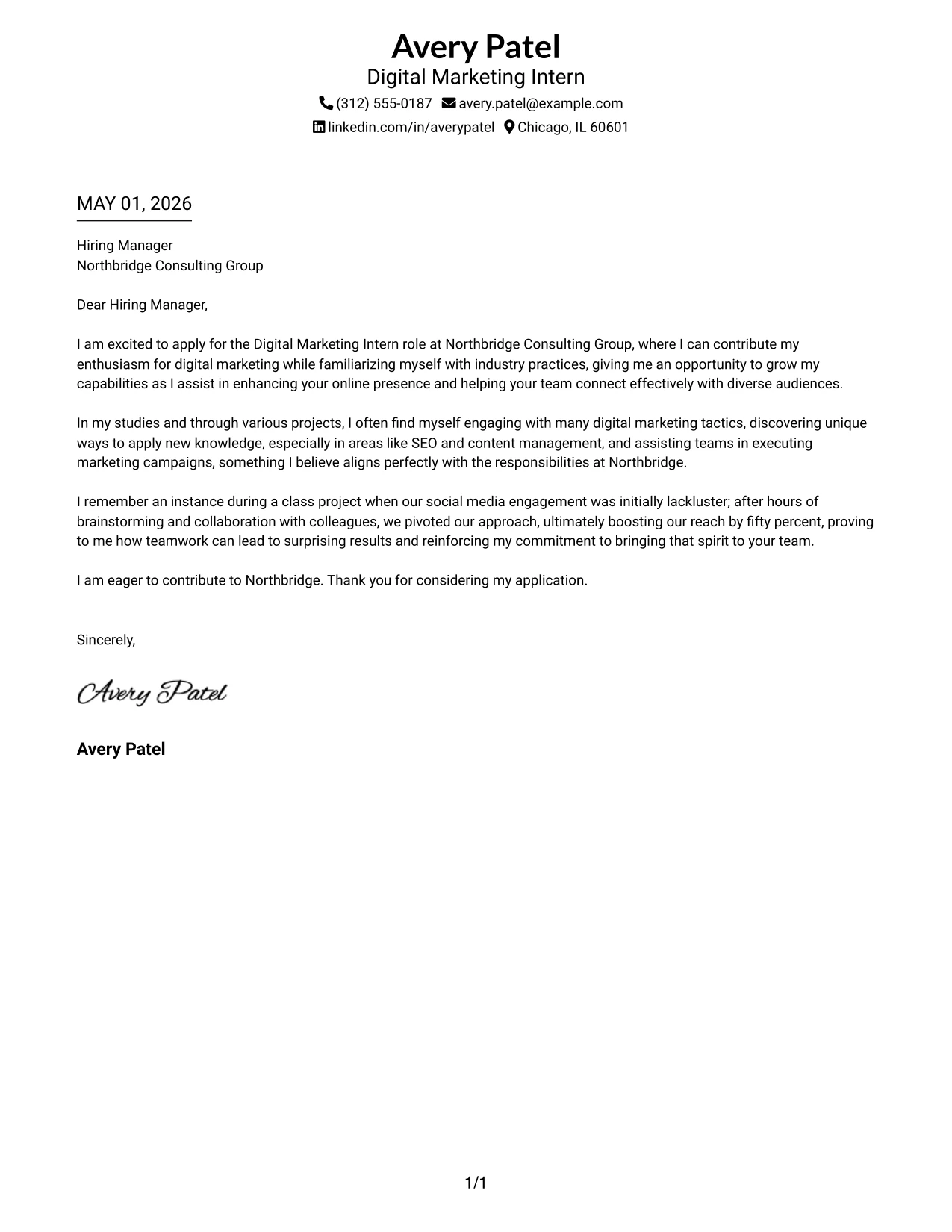 Digital Marketing Intern Cover Letter Example Two-Line Contact Header with Underlined Date Format
