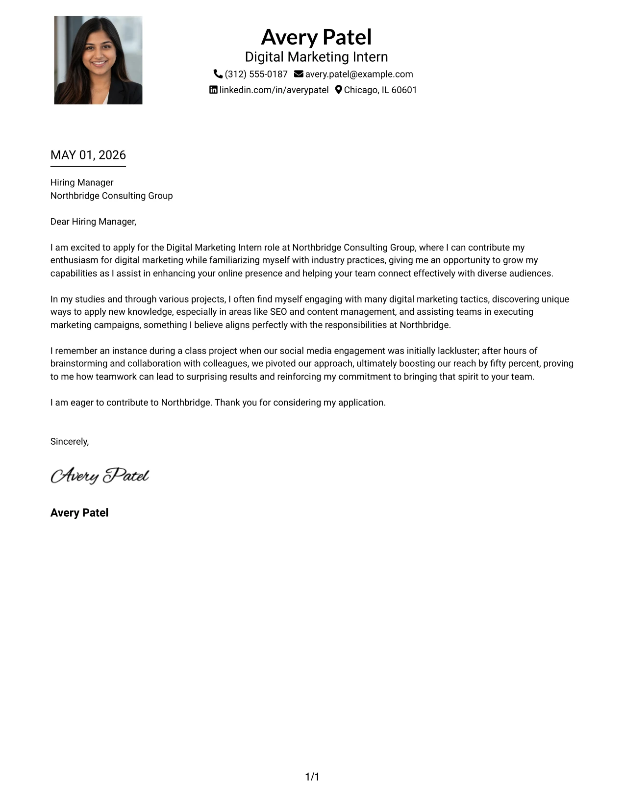 Digital Marketing Intern Cover Letter Example One Column Format with Photo