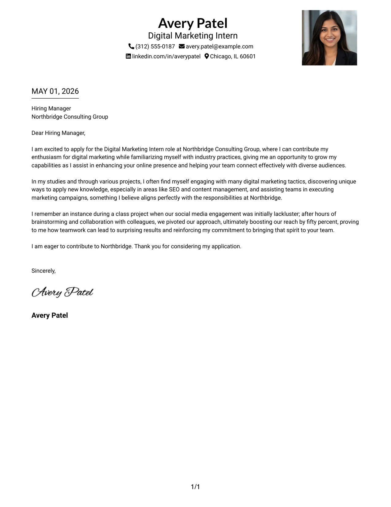 Digital Marketing Intern Cover Letter Example One Column Format with Photo Right