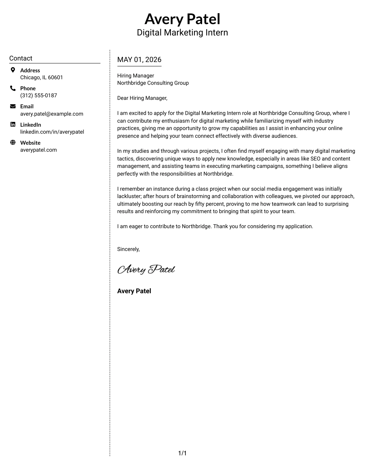 Digital Marketing Intern Cover Letter Example Simple Two Column Format