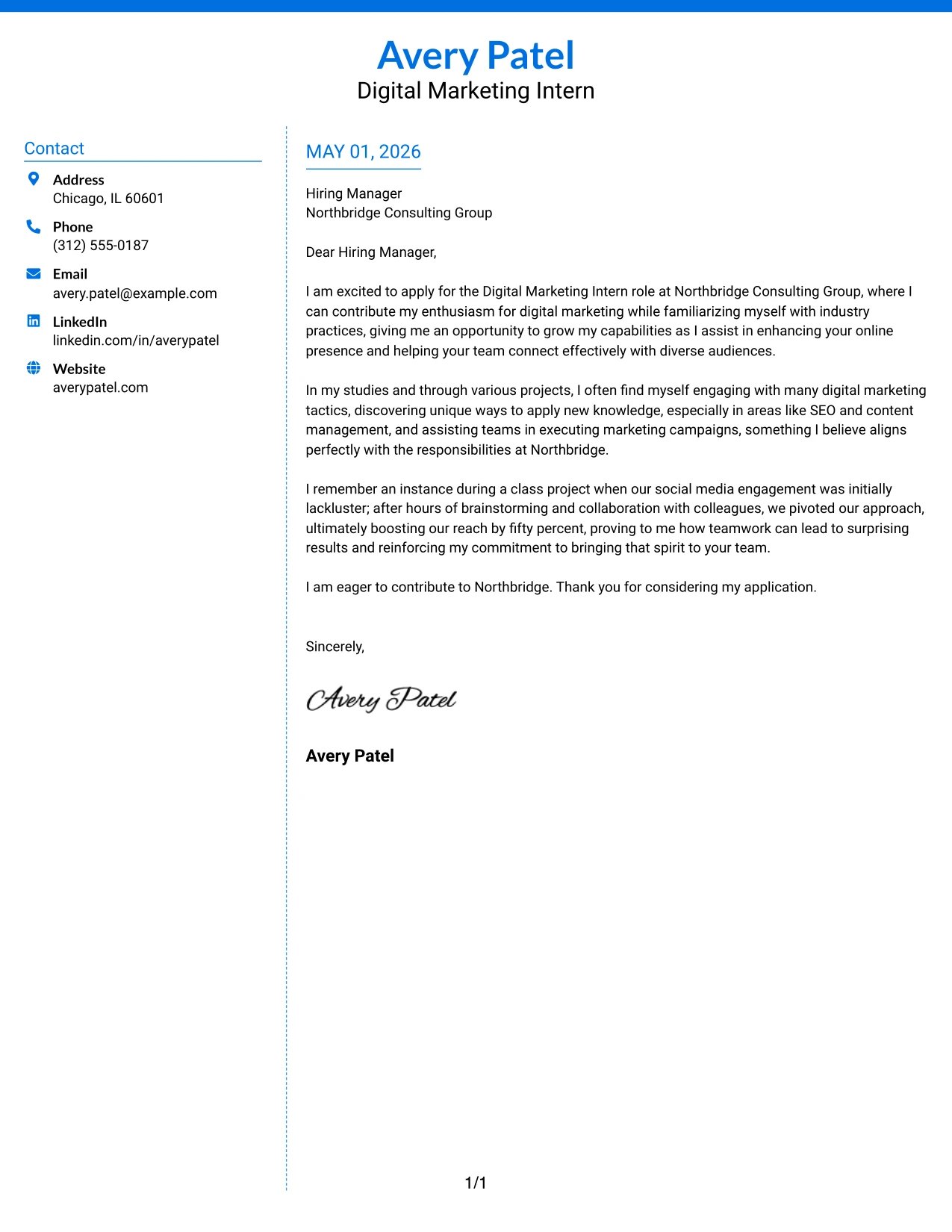 Digital Marketing Intern Cover Letter Example Colored Two Column Format