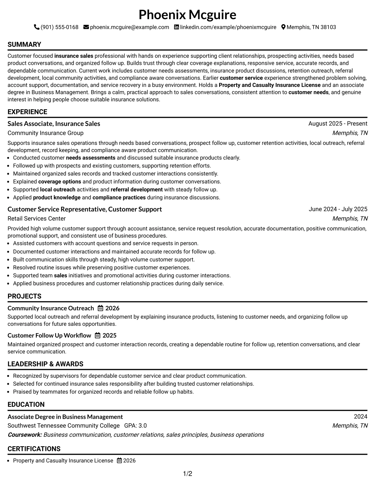Resume Example Page 1
