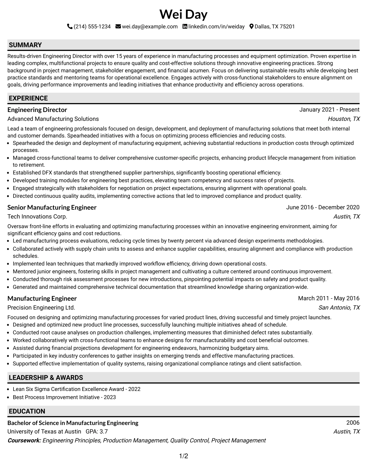 Resume Example Page 1