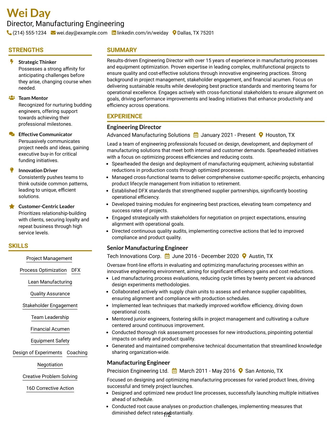 Resume Example Page 1