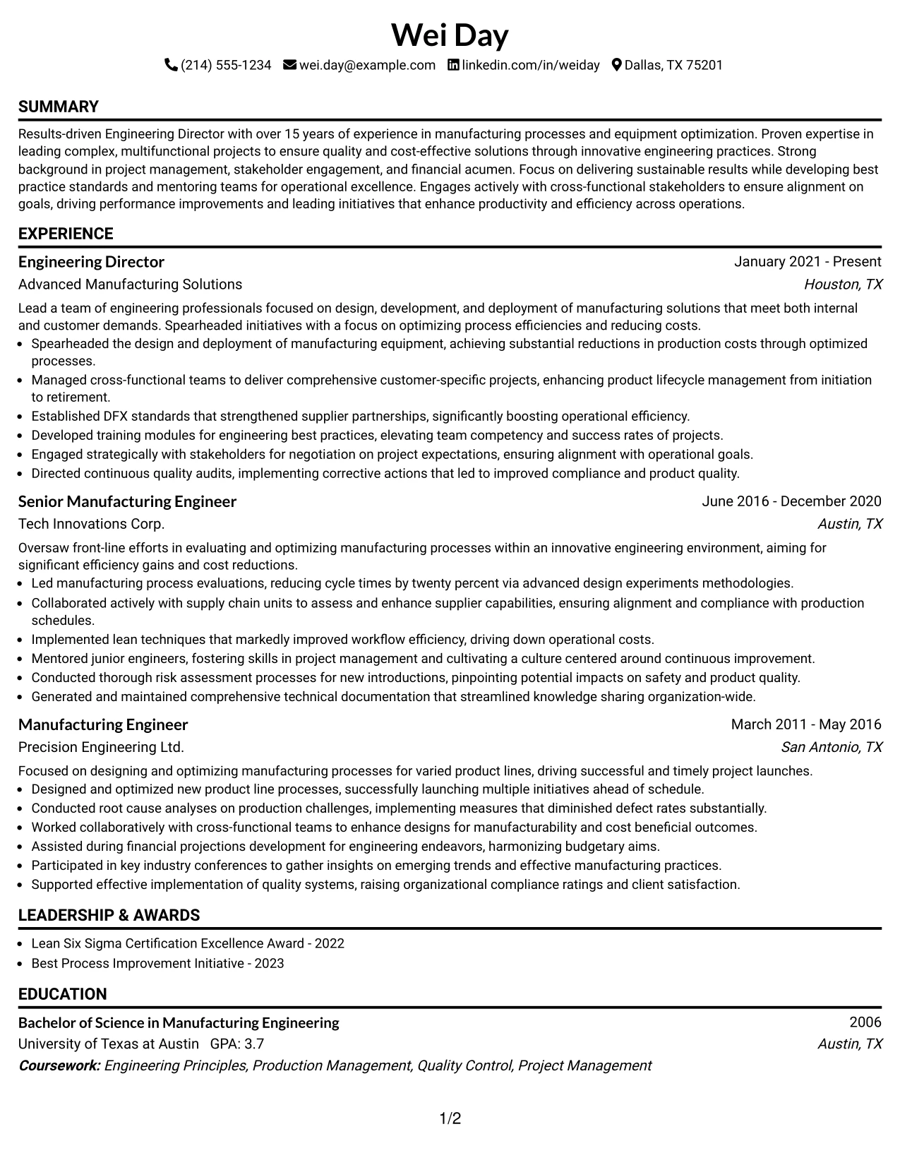 Resume Example Page 1