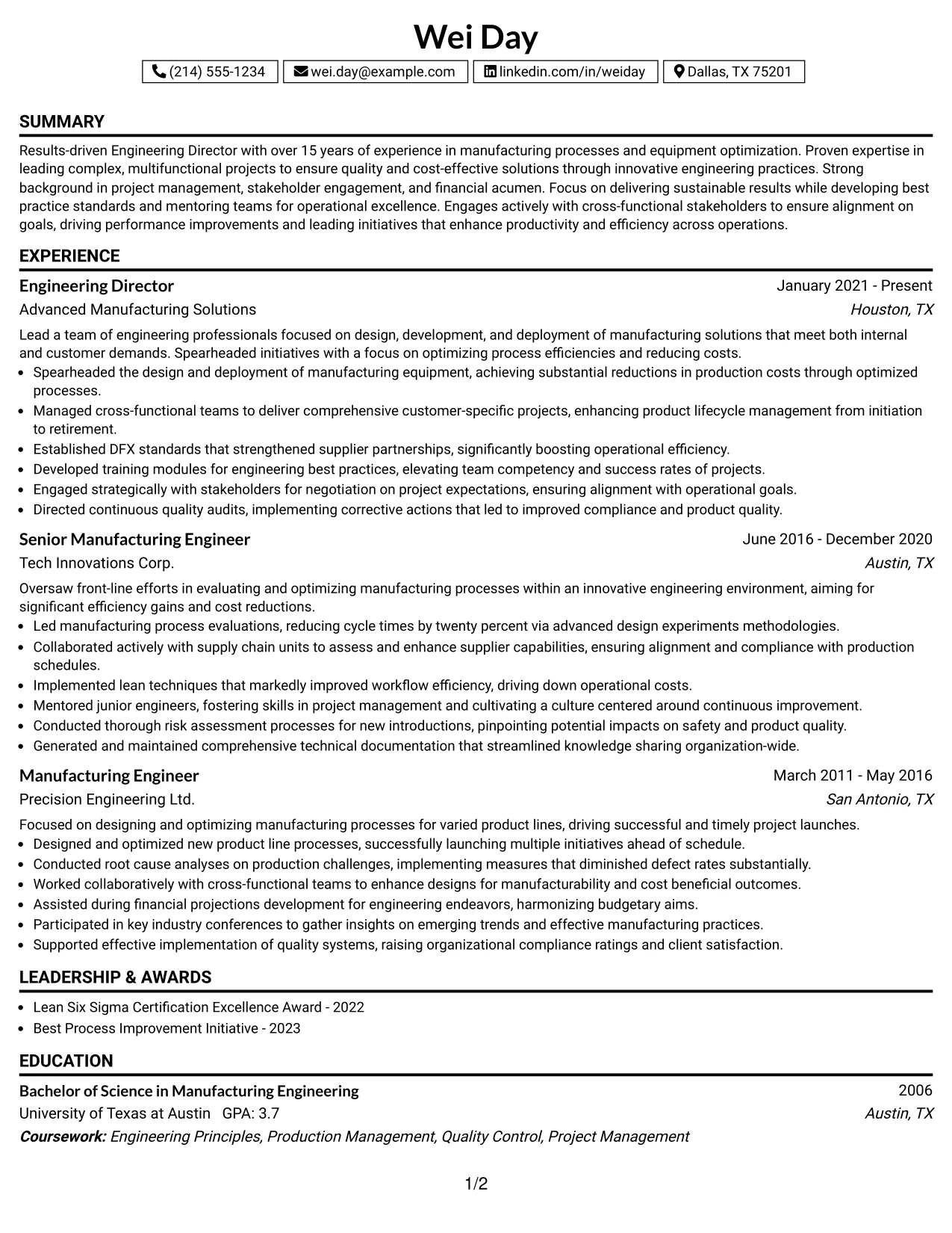 Resume Example Page 1