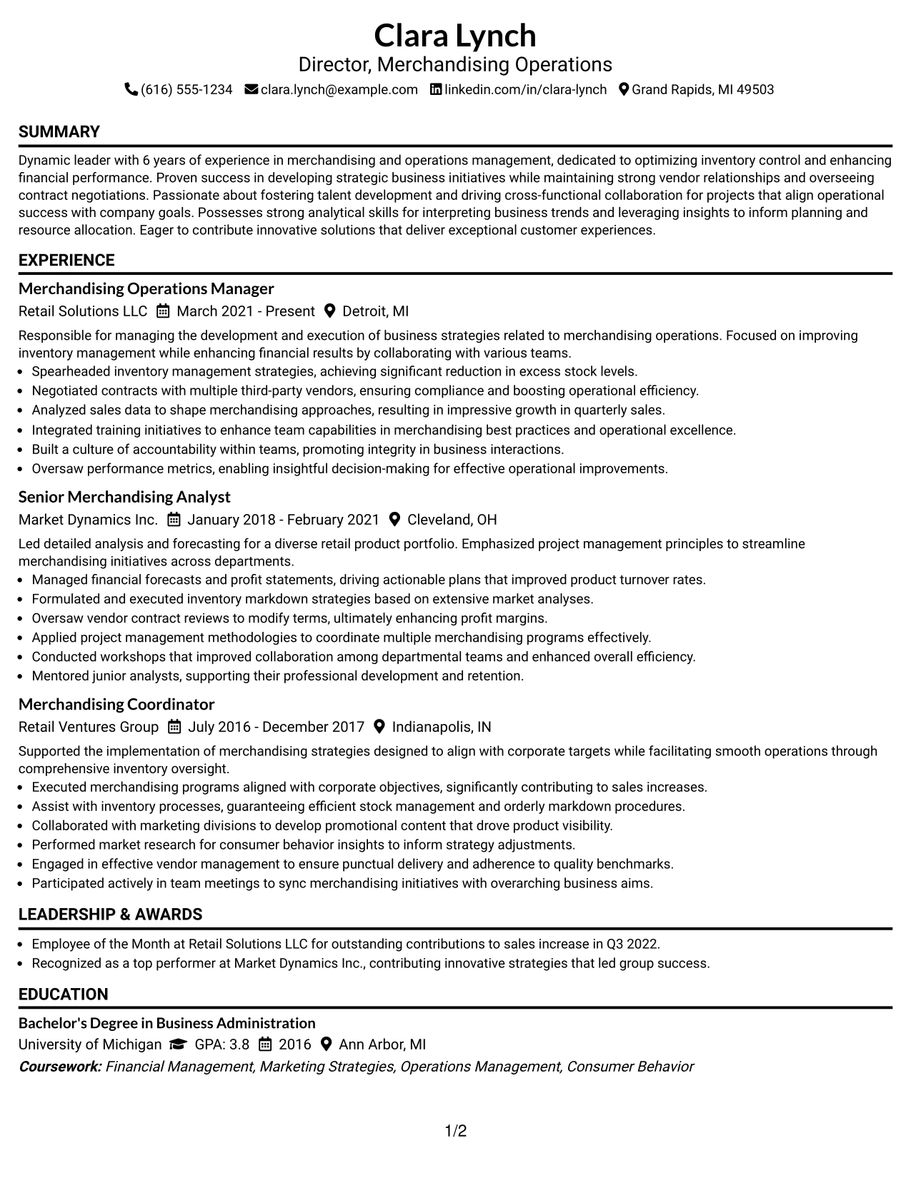 Resume Example Page 1