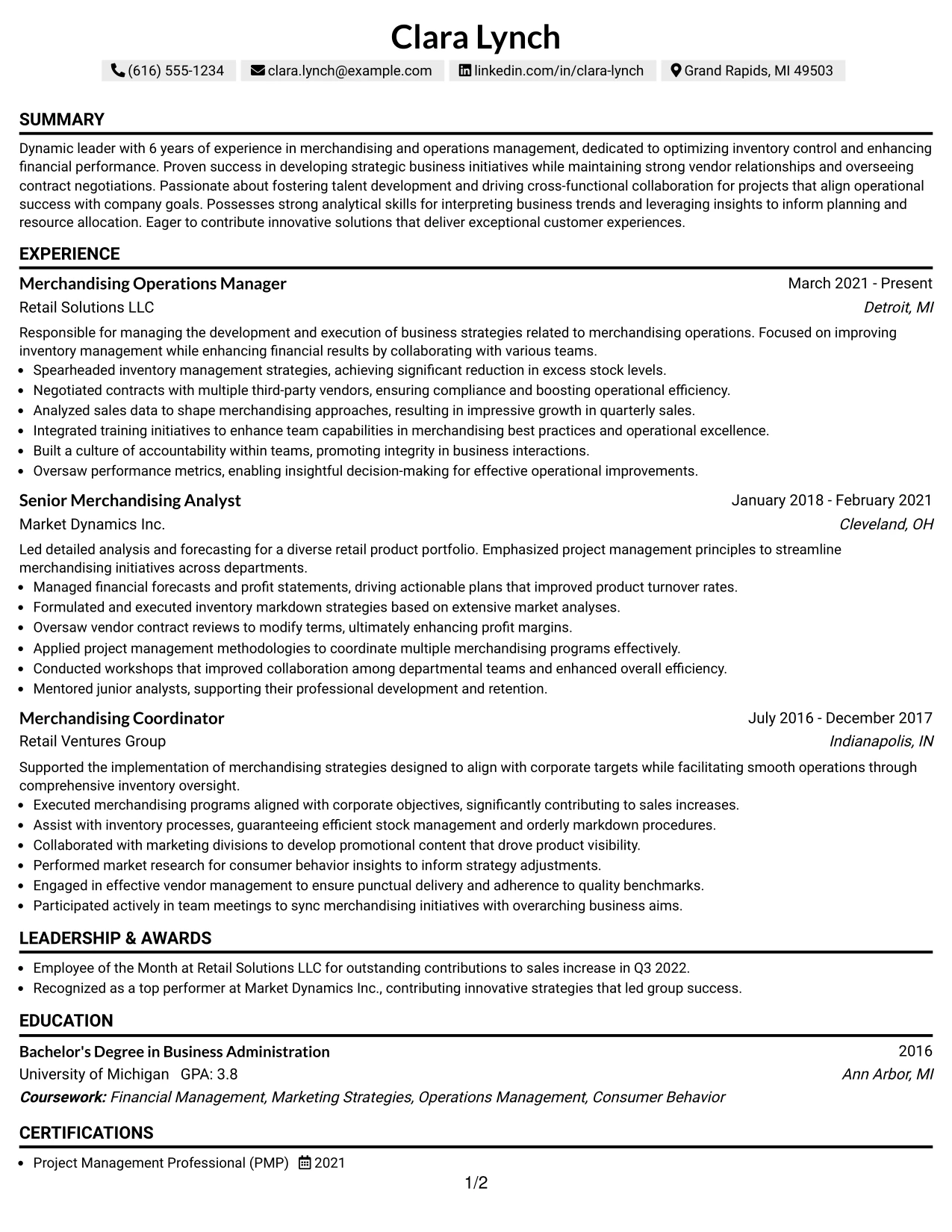 Resume Example Page 1