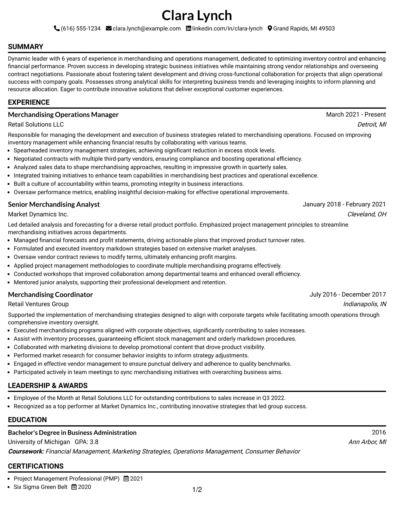 Resume Example Page 1