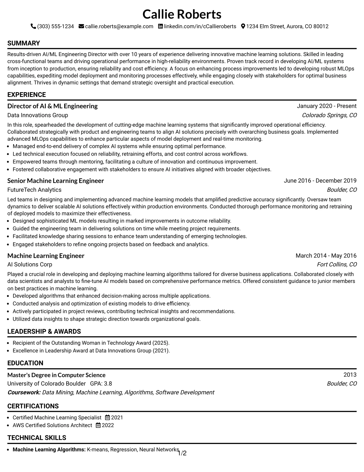 Resume Example Page 1