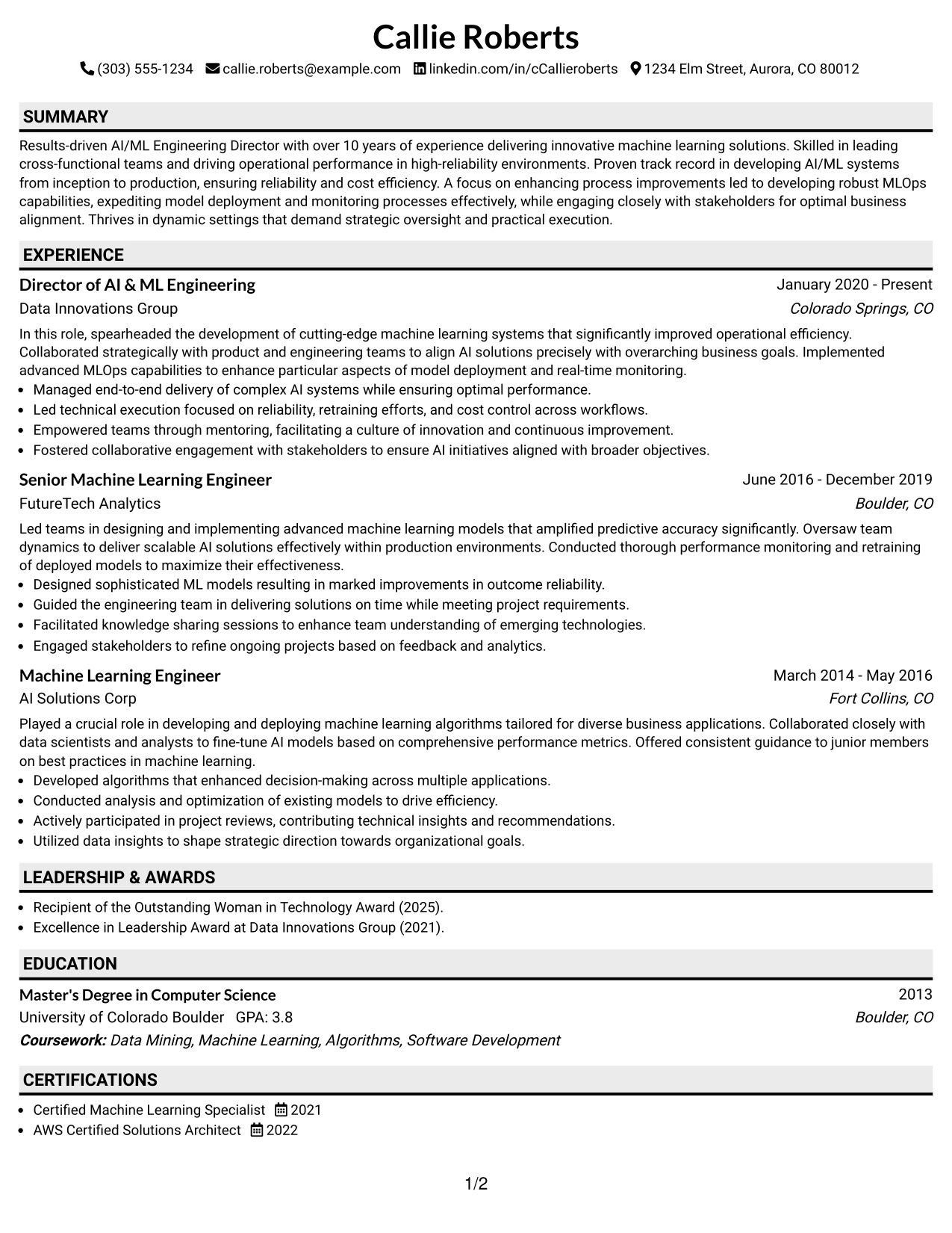 Resume Example Page 1