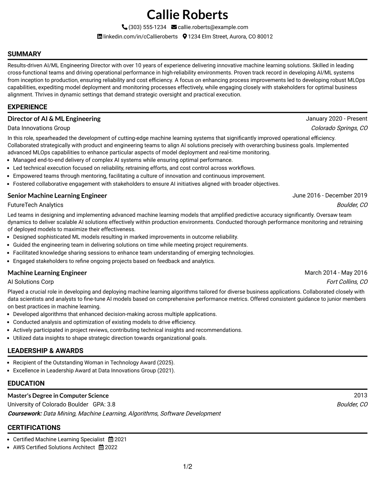 Resume Example Page 1