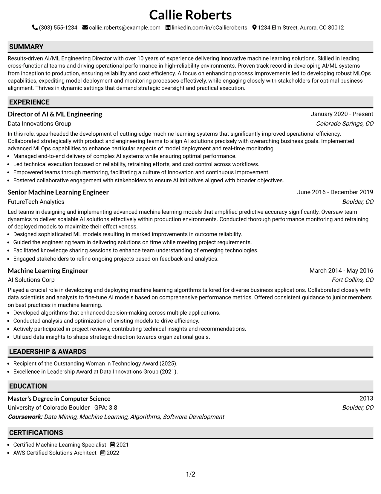 Resume Example Page 1
