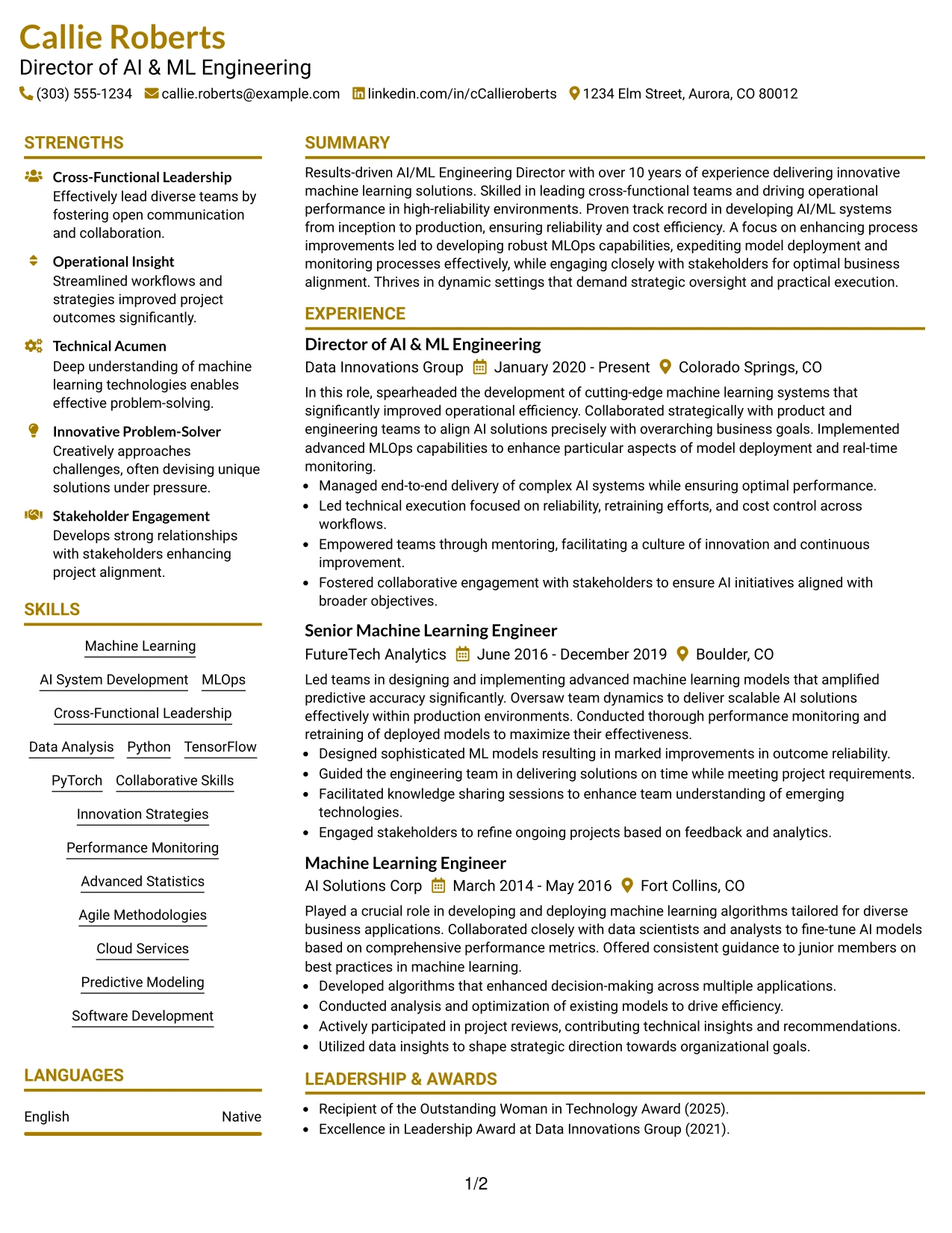 Resume Example Page 1