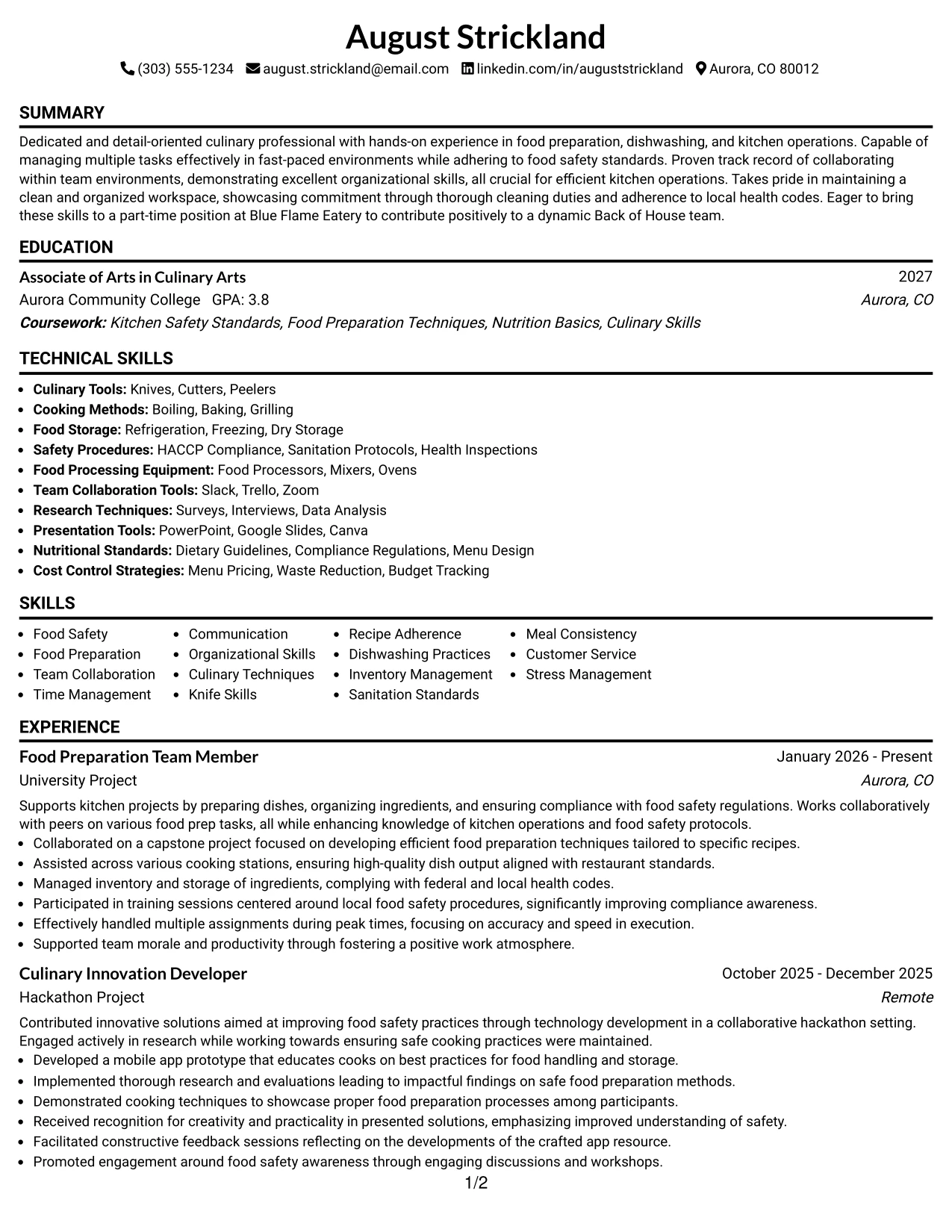 Resume Example Page 1