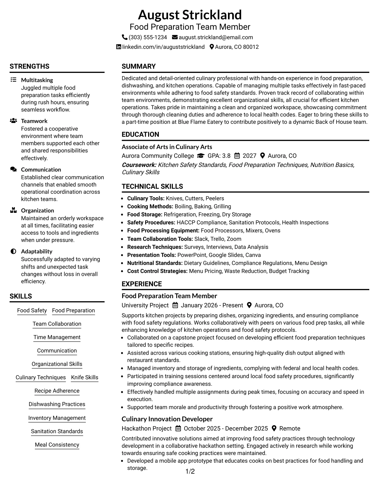 Resume Example Page 1