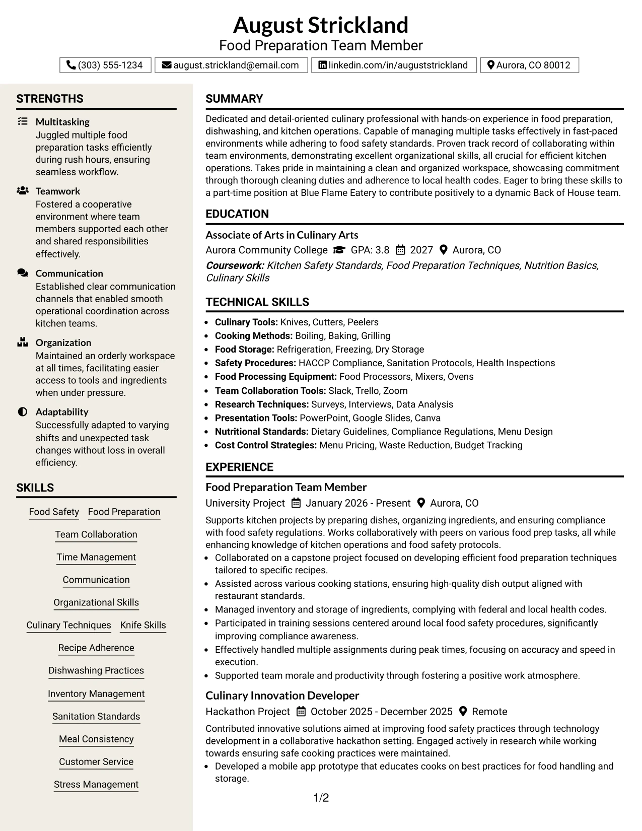 Resume Example Page 1