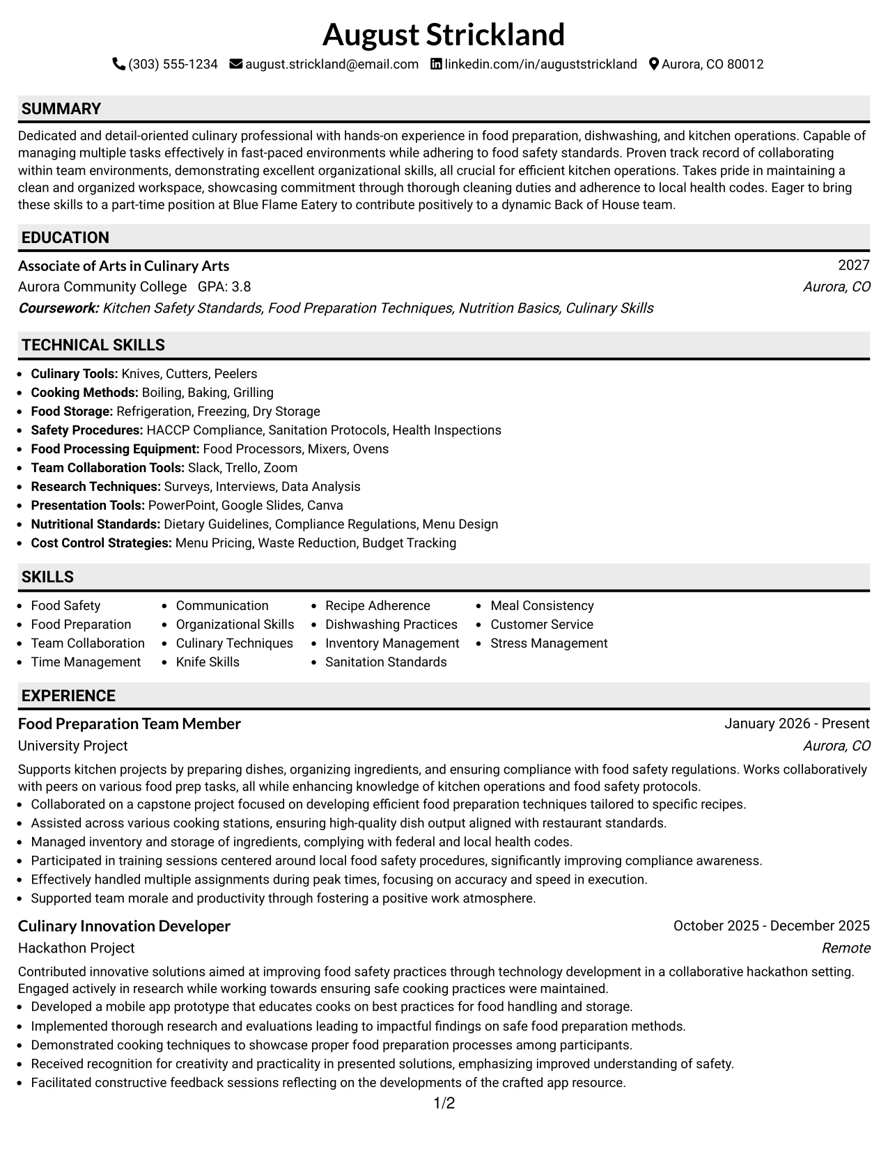 Resume Example Page 1