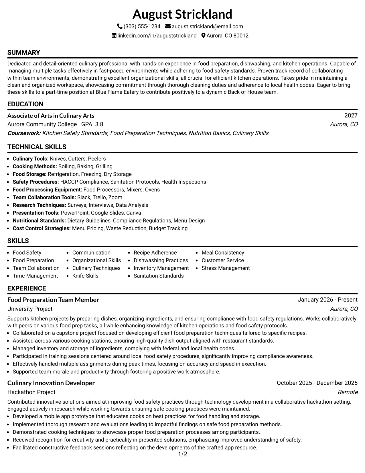Resume Example Page 1
