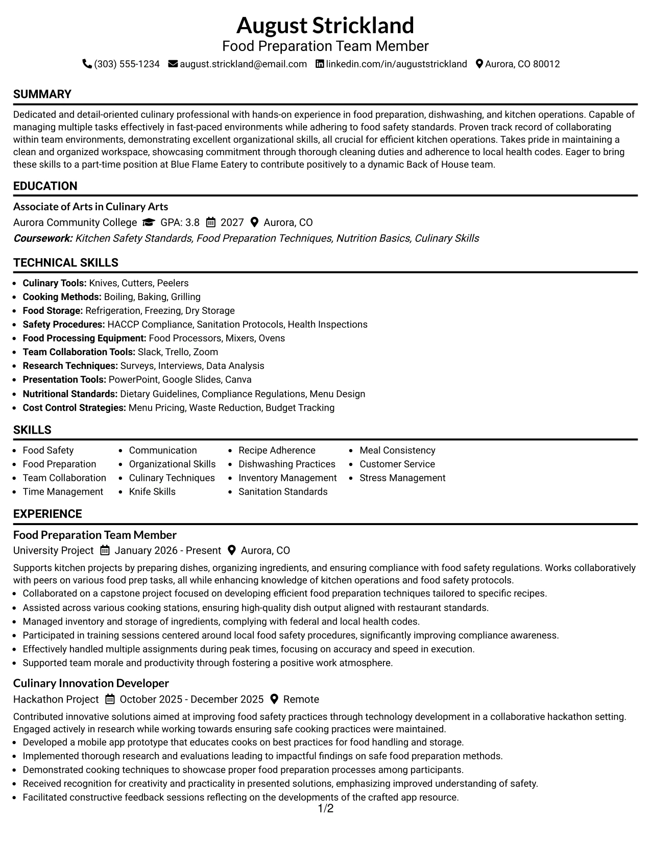 Resume Example Page 1