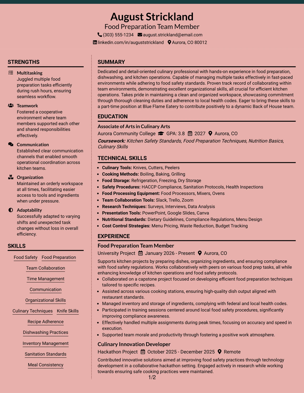 Resume Example Page 1