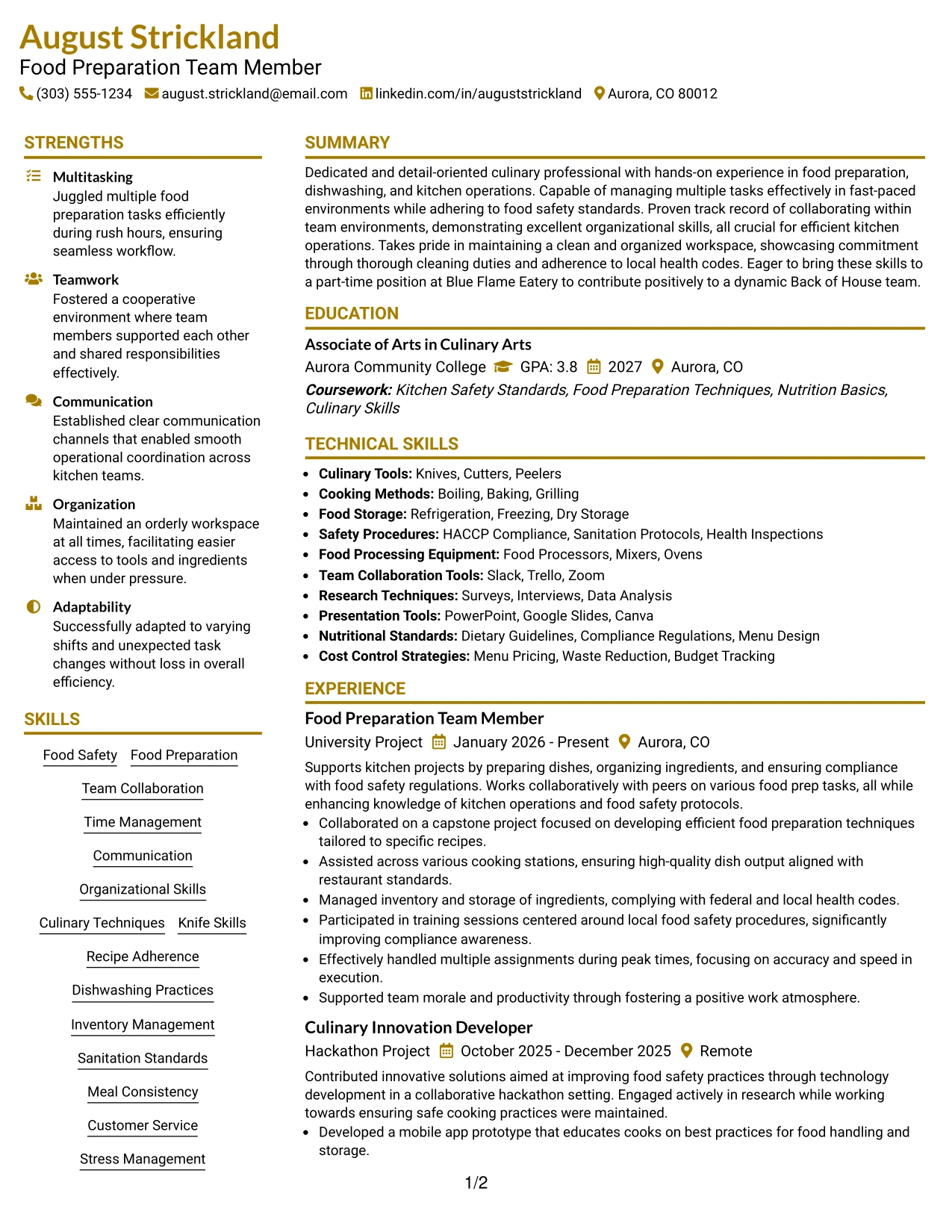 Resume Example Page 1