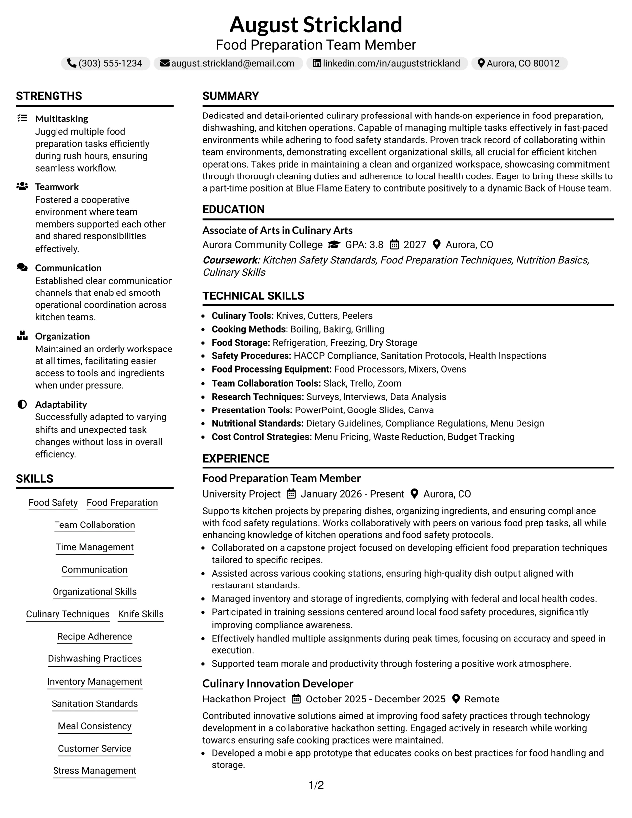 Resume Example Page 1