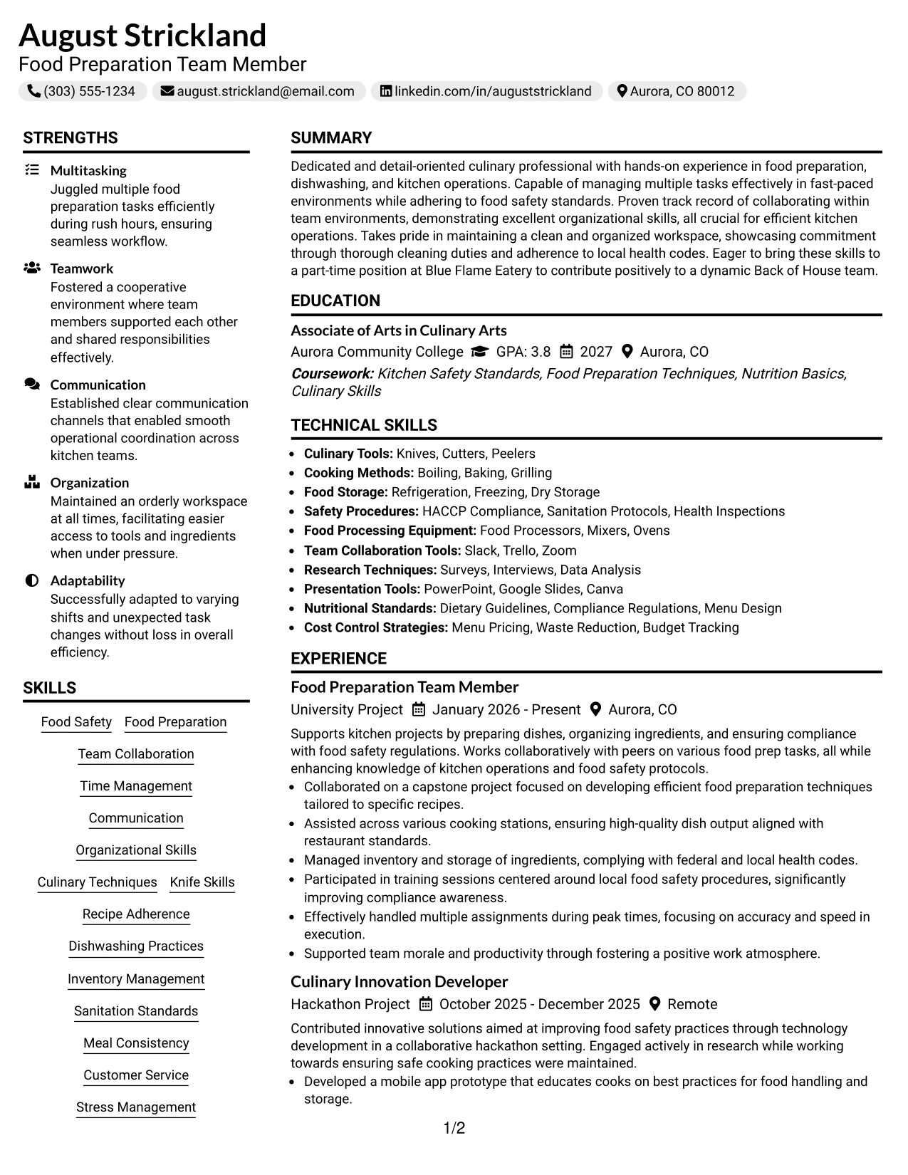 Resume Example Page 1