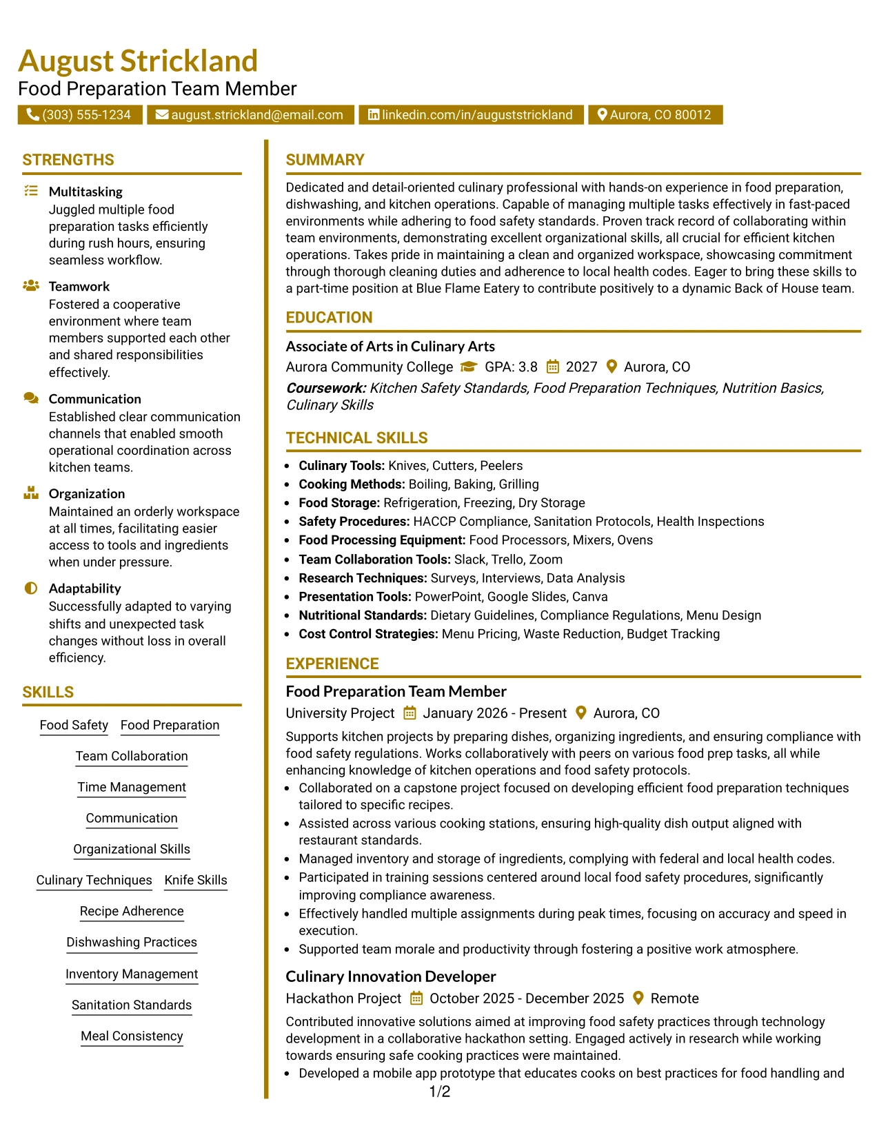Resume Example Page 1