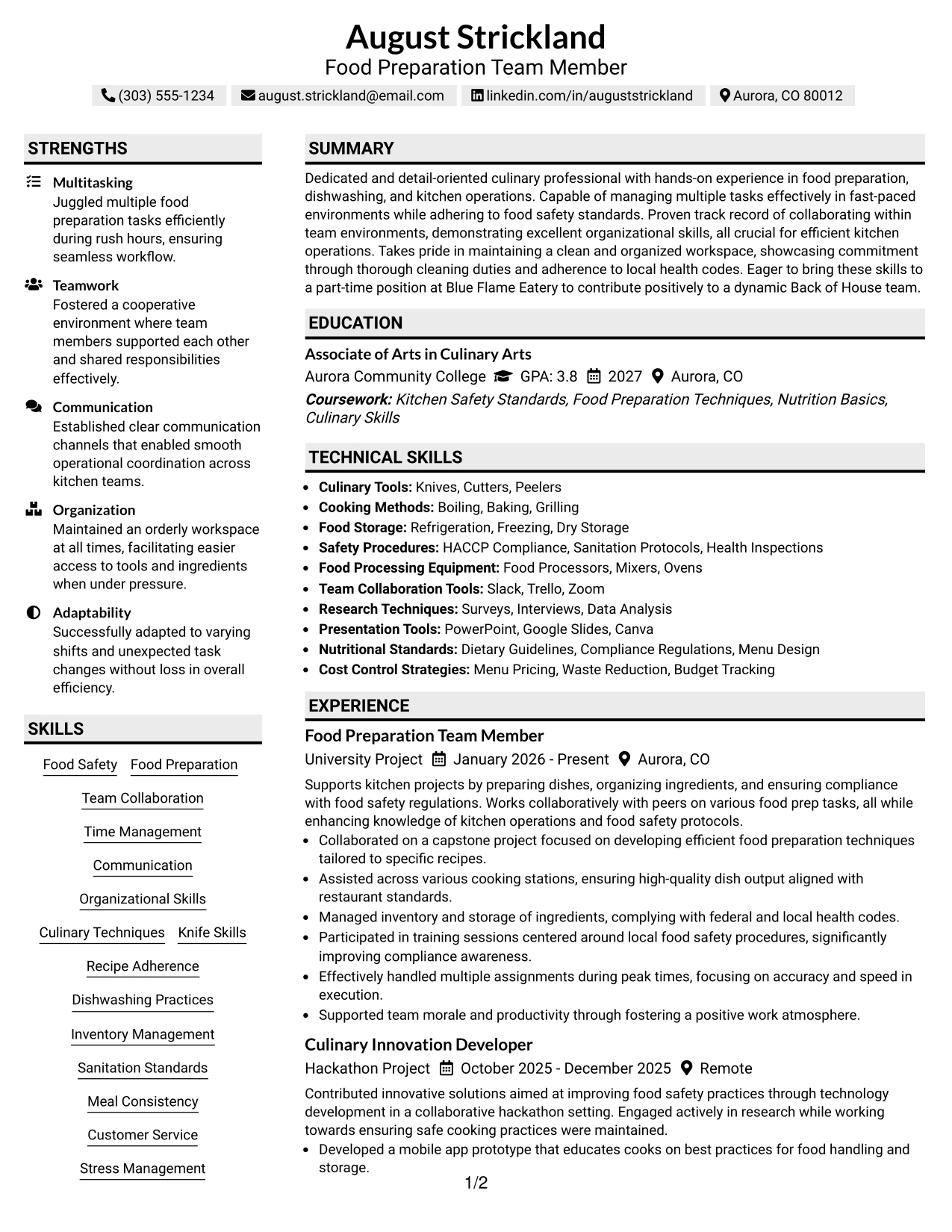 Resume Example Page 1