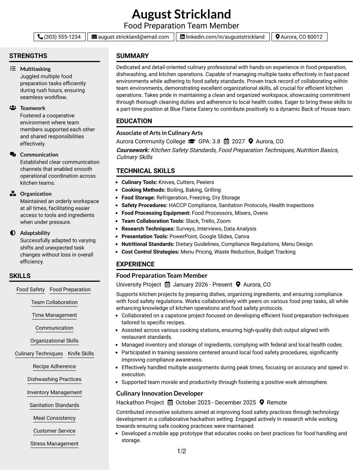 Resume Example Page 1