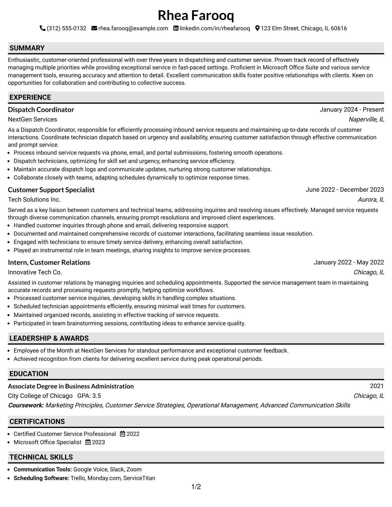 Resume Example Page 1