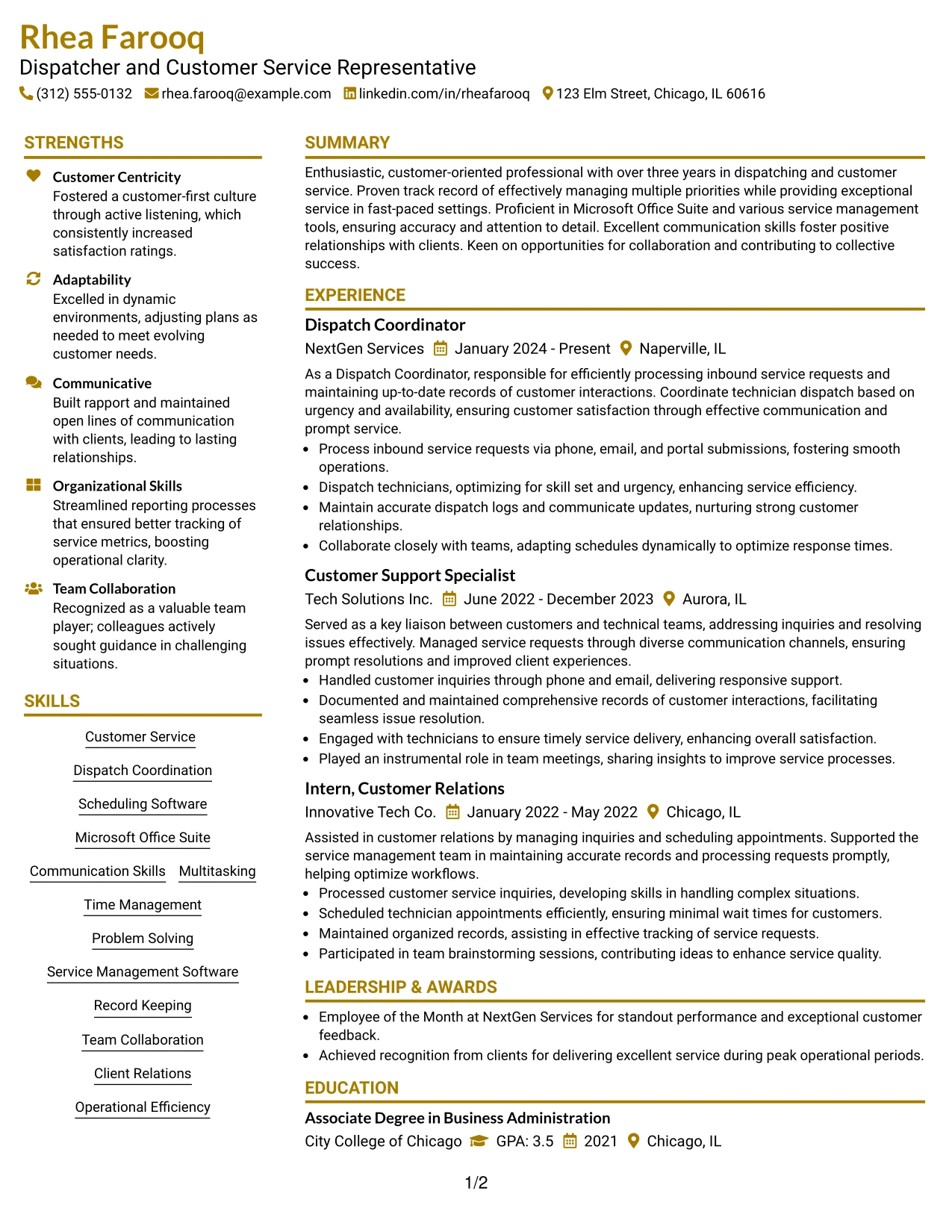 Resume Example Page 1