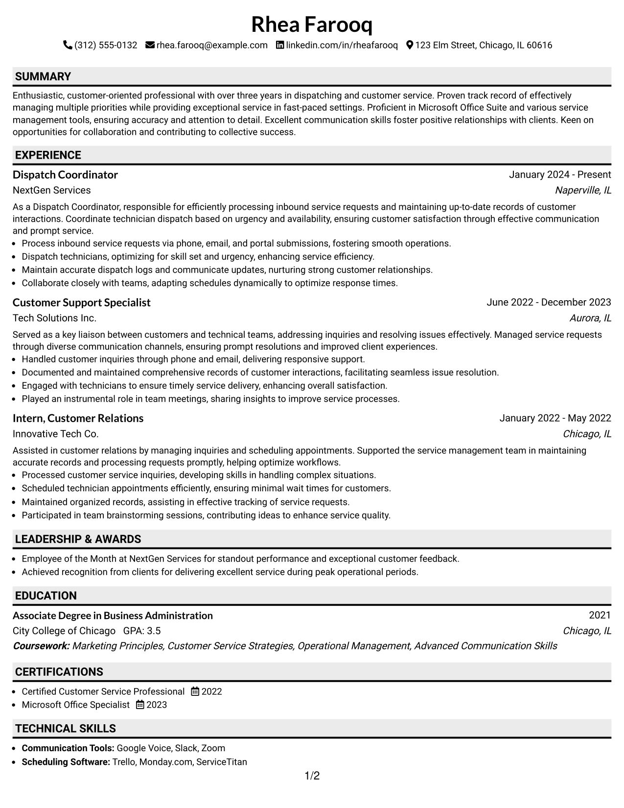 Resume Example Page 1