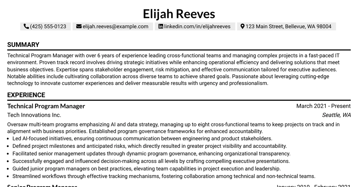 33 Distinguished Technical Program Manager Resume Templates with Example
